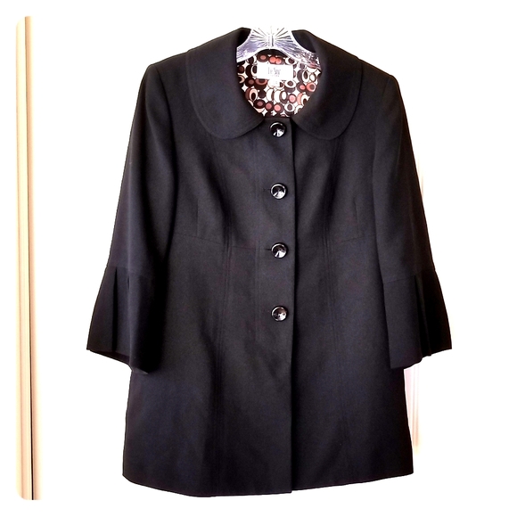 Black Pea Coat with Cute Pleated Sleeves - Picture 1 of 6
